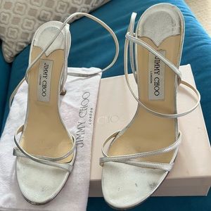 Jimmy Choo silver metallic strappy heels. Excellent condition.